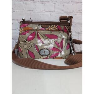 Fossil Key-Per Crossbody Bag Flat Lay Floral Print Vinyl Coated Canvas Oranges